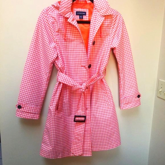 🌻 Lands' End Orange Plaid Rain Coat - Picture 3 of 10